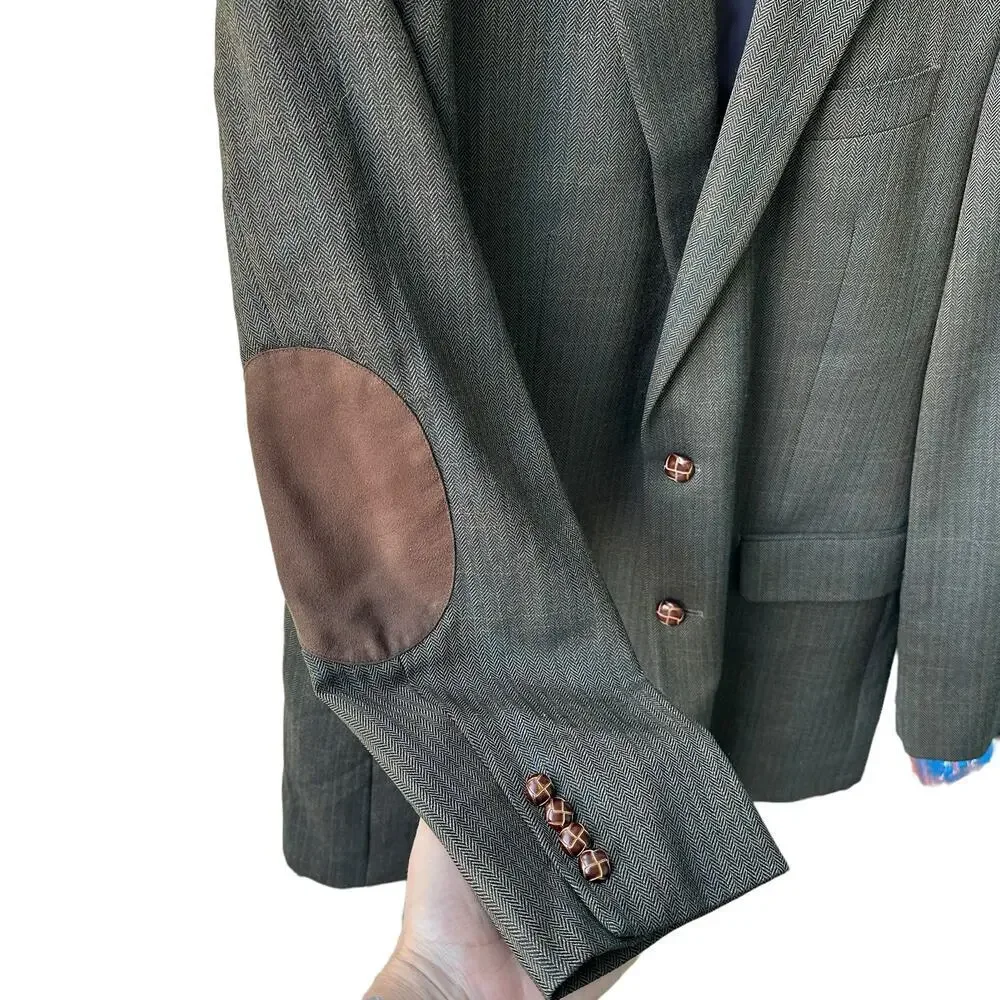 Ralph Lauren 100% Wool Sports Coat Elbow Patches‎ Brown Black Herringbone 42L
